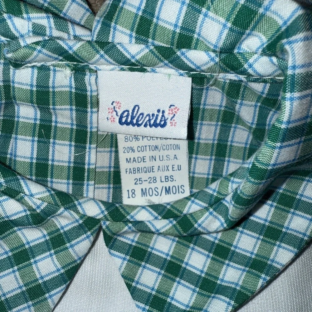 Vintage Alexis Romper Baby Boy 18 Mo‎ Green Gingham Embroidered Trains USA Made